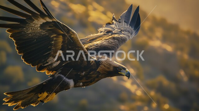 حدة بصر الطيور الجارحة، صورة مقربة لتحليق طائر النسر العربي في السماء، الحياة البرية في المملكة العربية السعودية، الاهتمام والعناية بالطيور