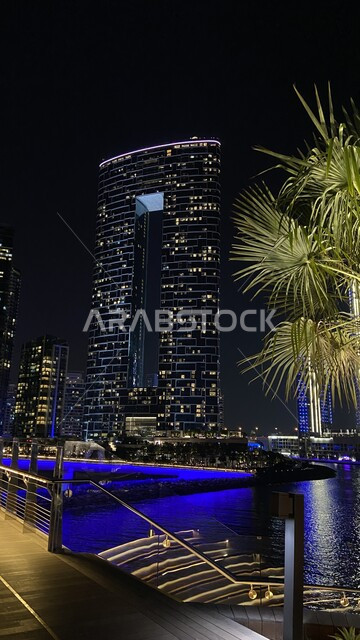 الاهتمام بزراعة الأشجار في إمارة دبي السياحية المشهورة, الفن الهندسي المعماري للمباني المطلة على مرفأ ومرسى اليخوت في مارينا دبي في المساء، النمو والتطور العمراني للأبراج وناطحات السحاب في دولة الإمارات العربية المتحدة، الواجهة البحرية على ساحل الخليج العربي