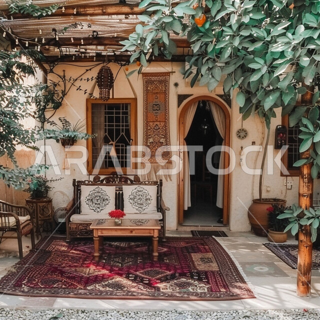 Architectural engineering arts for residential apartments and villas in the popular Arabic style, interest in planting green plants and trees in the home garden, traditional wooden designs and decorations for outdoor seating.