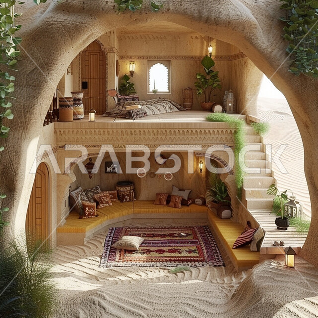 منزل حجري طابقي على شكل كهف، الفنون الهندسية المعمارية للشقق والفلل السكنية على الطراز العربي الشعبي، التصاميم والديكورات الداخلية التقليدية للأثاث والجلسات، زراعة الأشجار الخضراء ونباتات الزينة في البيت