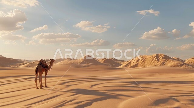 الاهتمام في تربية الجمال و الإبل، حيوان الجمل يقف وسط صحراء المملكة العربية السعودية، الكثبان الرملية و المناطق الصحراوية، مفهوم رعاية المواشي والثدييات، المناظر الطبيعية في الصحاري