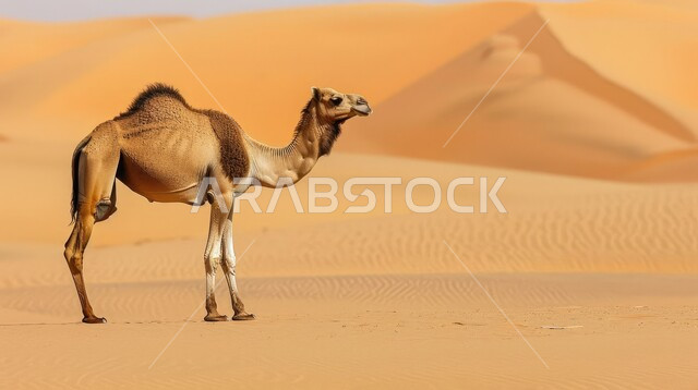 الاهتمام في تربية الجمال و الإبل، صورة مقربة لحيوان الجمل يقف وسط صحراء المملكة العربية السعودية، الكثبان الرملية و المناطق الصحراوية، مفهوم رعاية المواشي والثدييات، المناظر الطبيعية في الصحاري
