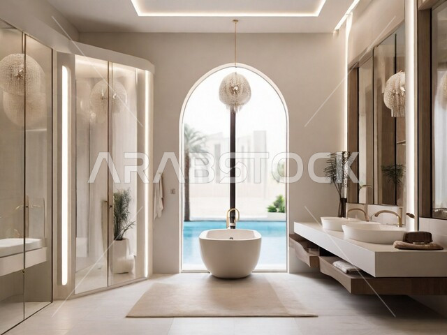 التصاميم والديكورات الراقية للحمامات الداخلية وأحواض الاستحمام في الشقق الفاخرة، فلل وشقق سياحية في السعودية، حمام داخلي معاصر في منزل حديث، دورة مياه رخاميه راقية في أحد المباني السكنيه