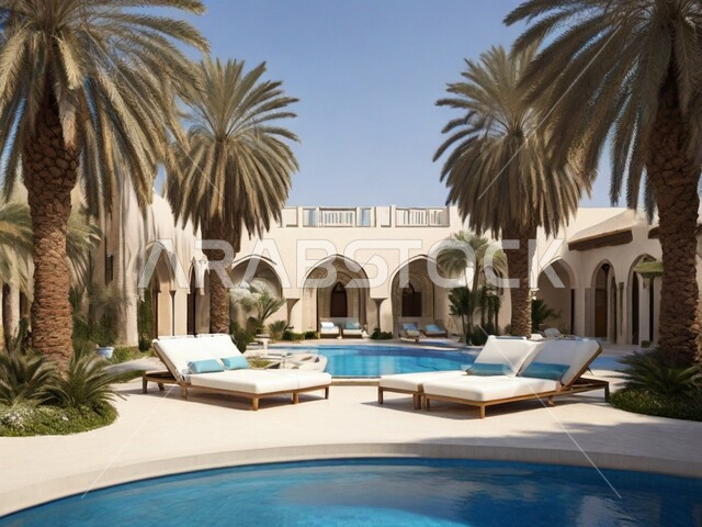  تصاميم عصرية مميزة لحوض السباحة الأزرق، الاهتمام في زراعه اشجار النخيل والنباتات الخضراء في حديقة مجمع سكني فاخر، الاستجمام بالأجواء الهادئة والمناظر الطبيعية، الفن الهندسي المعماري للشقق و الفلل السكنية، خلفية الطبيعه