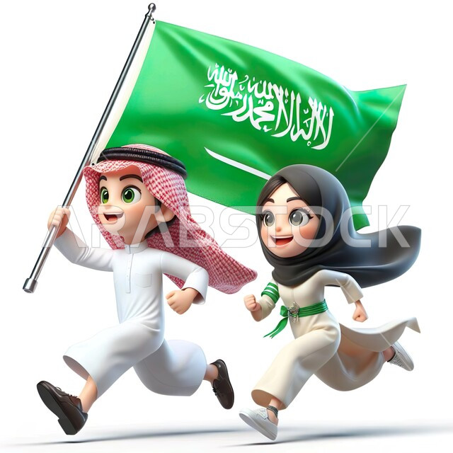 Commemoration of Saudi National Day, September 23, celebration of Flag Day, September 11, 3D illustrations of a smiling Saudi Gulf Arab boy wearing a shemagh and traditional dress, holding the flag in his hand, running with his sister with expressions of enthusiasm, celebrations of popular national occasions and holidays, white background.
