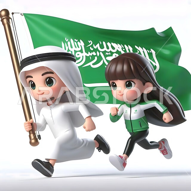 الاحتفالات بالمناسبات والأعياد الوطنية الشعبية، ذكرى اليوم الوطني 23 سبتمبر، الاحتفال بيوم العلم السعودي 11 سبتمبر، رسوم توضيحية ثلاثية الأبعاد لولد عربي خليجي سعودي مبتسم يرتدي الغترة والثوب التقليدي يحمل بيده العلم يركض برفقة أخته بتعابير الحماس، خلفية بيضاء