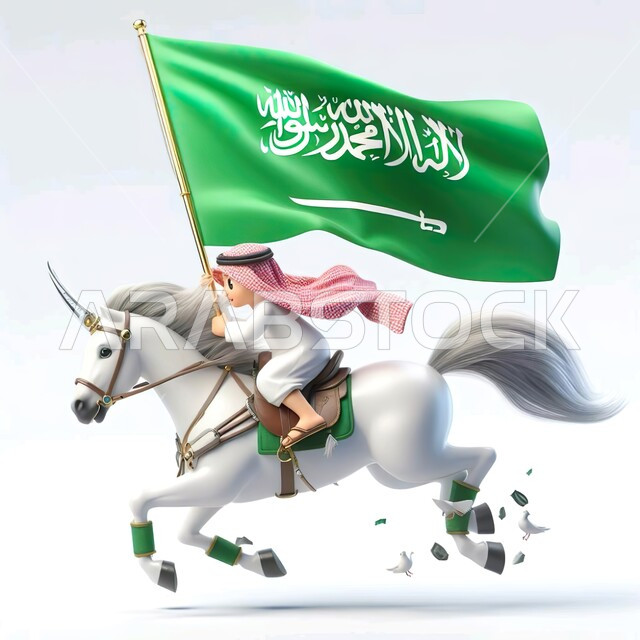 شغف السعوديين بالجياد وتربيتها، ذكرى اليوم الوطني 23 سبتمبر، الاحتفال بيوم العلم السعودي 11 سبتمبر، رسوم توضيحية ثلاثية الأبعاد لفتى عربي خليجي سعودي مبتسم يرتدي الشماغ والثوب التقليدي يحمل بيده العلم يركب على خيل أبيض أصيل، خلفية بيضاء