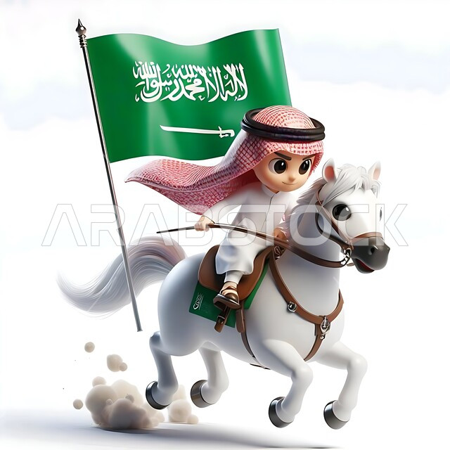 رسوم توضيحية ثلاثية الأبعاد لفتى عربي خليجي سعودي مبتسم يرتدي الشماغ والثوب التقليدي يحمل بيده العلم يركب على خيل أبيض أصيل، شغف السعوديين بالجياد وتربيتها، ذكرى اليوم الوطني 23 سبتمبر، الاحتفال بيوم العلم السعودي 11 سبتمبر، خلفية بيضاء