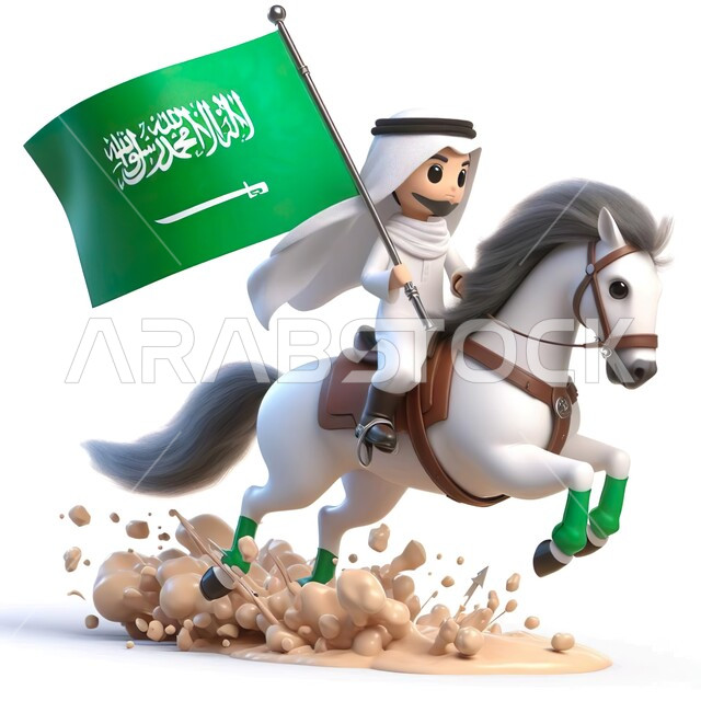 الاحتفال بيوم العلم السعودي 11 سبتمبر، رسوم توضيحية ثلاثية الأبعاد لفتى عربي خليجي سعودي مبتسم يرتدي الغترة والثوب التقليدي يحمل بيده العلم يركب على خيل أبيض أصيل، شغف السعوديين بالجياد وتربيتها، ذكرى اليوم الوطني 23 سبتمبر، خلفية بيضاء