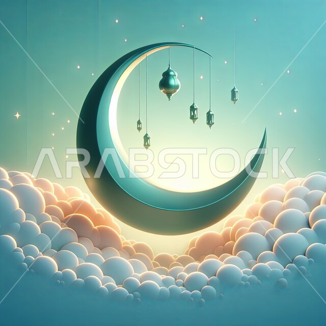 تصاميم وديكورات اسلامية الاحتفال بقدوم  شهر رمضان المبارك، زينة المناسبات والأعياد العربية الدينية، مجسم ثلاثي الأبعاد لهلال أزرق فوق الغيوم مع فوانيس مضاءة معلقة، خلفية زرقاء