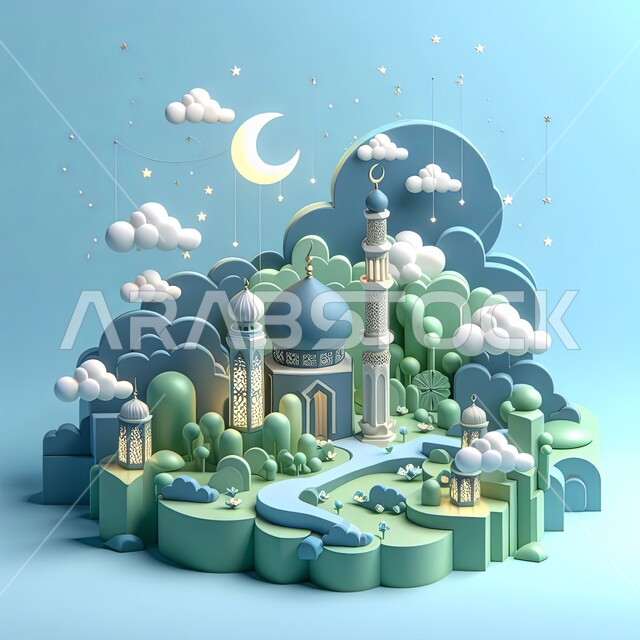 الاحتفال بقدوم شهر الخير، زينة المناسبات والأعياد العربية الدينية، مجسم ثلاثي الأبعاد لمسجد ومآذن بتصاميم وديكورات اسلامية فاخرة مع هلال رمضان، خلفية زرقاء