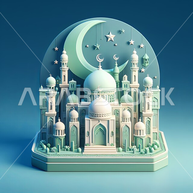 الاحتفال بقدوم شهر الخير، زينة المناسبات والأعياد العربية الدينية، مجسم ثلاثي الأبعاد لمسجد ومآذن بتصاميم وديكورات اسلامية فاخرة مع هلال رمضان، خلفية زرقاء
