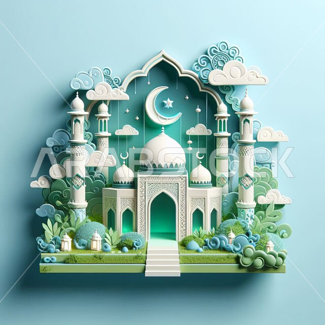 مجسم ثلاثي الأبعاد لمسجد ومآذن بتصاميم وديكورات اسلامية فاخرة مع هلال رمضان، الاحتفال بقدوم شهر الخير، زينة المناسبات والأعياد العربية الدينية، خلفية زرقاء