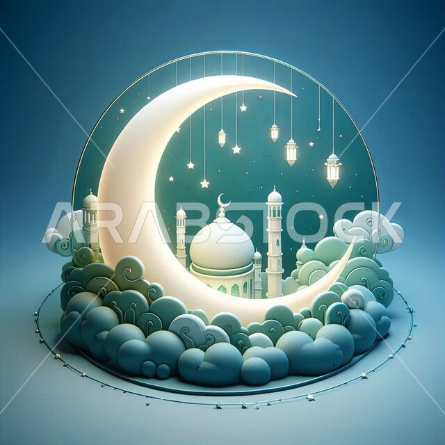 مجسم ثلاثي الأبعاد لهلال أبيض مع مسجد ومآذن بتصاميم وديكورات اسلامية مع فوانيس ضاءة معلقة، الاحتفال بقدوم  شهر رمضان المبارك، زينة المناسبات والأعياد العربية الدينية، خلفية زرقاء