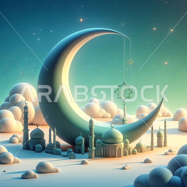 زينة المناسبات والأعياد العربية الدينية، مجسم ثلاثي الأبعاد لهلال أزرق مع مسجد ومآذن بتصاميم وديكورات اسلامية، الاحتفال بقدوم  شهر رمضان المبارك، خلفية زرقاء