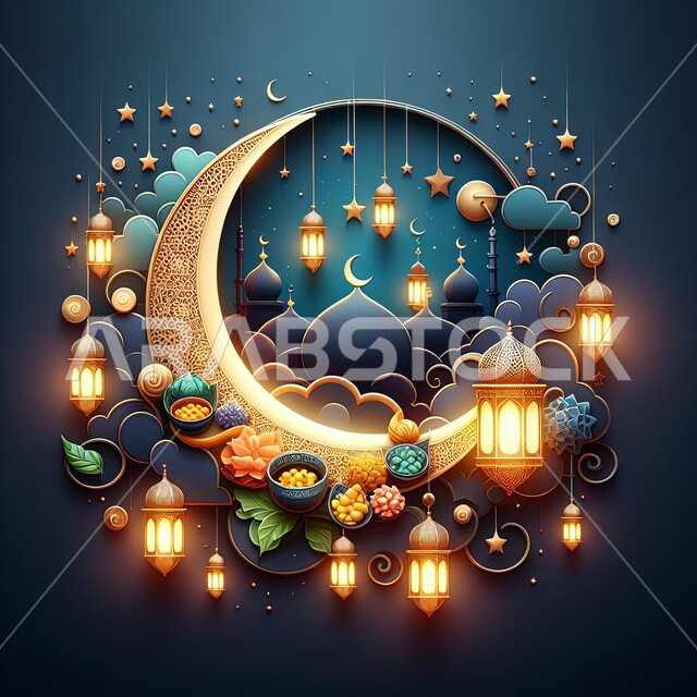  قالب تصميم إسلامي لاستقبال شهر رمضان المبارك، مجسم ثلاثي الابعاد للمسجد والمآذن مع الفوانيس المضيئة، الاعياد والمناسبات الدينية، الزخارف الاسلامية والتصاميم العصرية على الطراز الحديث للجوامع، خلفية سوداء