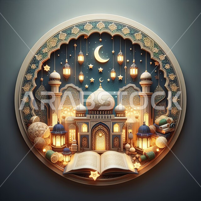 مجسم ثلاثي الابعاد للمسجد والمآذن مع الفوانيس المضيئة، الاعياد والمناسبات الدينية، الزخارف الاسلامية والتصاميم العصرية على الطراز الحديث للجوامع، قالب تصميم إسلامي لاستقبال شهر رمضان المبارك، خلفية رمادية
