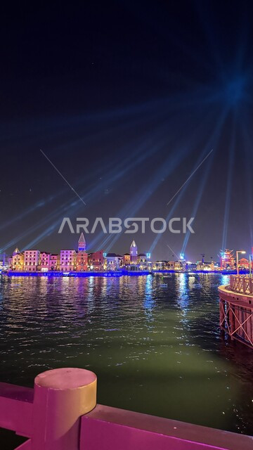 International entertainment festivals, discovering cultures and civilizations in several countries, entertainment and tourist places in the Kingdom, a picture from above of the largest artificial lake in the world, Riyadh Season activities at Boulevard World at night.