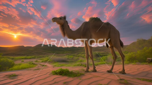 محميات طبيعية لرعاية الجمال والمواشي، الاهتمام في تربية الحيوانات والإبل، ناقة تقف وسط صحراء عند غروب الشمس في المملكة العربية السعودية، نمو النباتات والأعشاب البرية في الرمال الذهبية في المناطق الصحراوية