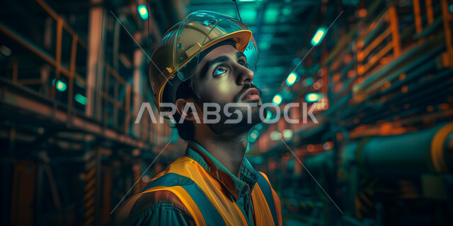 Following and monitoring the production process, working in factories and laboratories in the Kingdom of Saudi Arabia, a close-up photo of an industrial engineer wearing a jacket and a protective helmet looking at the work inside the factory, youth engineering jobs and professions, factory background