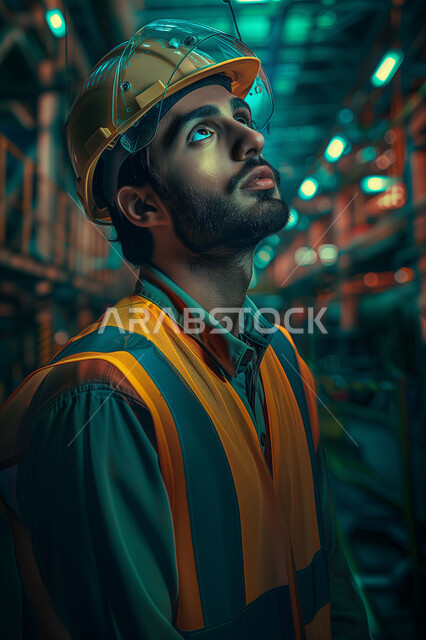 وظائف ومهن هندسية شبابية، العمل في مصانع ومعامل المملكة العربية السعودية، صورة مقربة لمهندس صناعي عربي خليجي سعودي يرتدي السترة وخوذة الحماية ينظر الى الأعمال داخل المصنع، متابعة ومراقبة عملية الانتاج ، خلفية المعمل