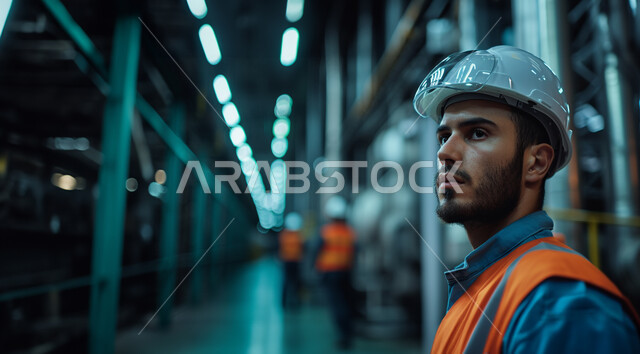 مهن ووظائف هندسية شبابية، العمل في مصانع ومعامل المملكة العربية السعودية، صورة مقربة لمهندس صناعي عربي خليجي سعودي يرتدي السترة وخوذة الحماية ينظر الى الأعمال داخل المصنع، متابعة ومراقبة عملية الانتاج ، خلفية المعمل