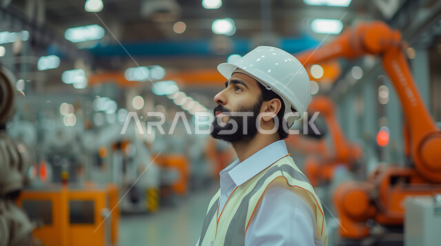 مراقبة ومتابعة عمليات الانتاج وسير عمل الآلات، العمل في مصانع ومعامل المملكة العربية السعودية، صورة مقربة لمهندس صناعي عربي خليجي سعودي مبتسم يرتدي السترة وخوذة الحماية ينظر الى الأعمال داخل المصنع، وظائف ومهن هندسية شبابية، خلفية المعمل