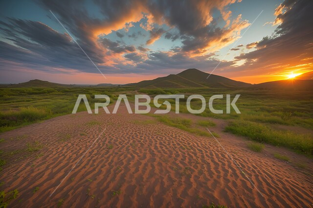 التلال و الكثبان الرملية في البيئة الصحراوية, الصحراء في فصل الربيع في المملكة العربية السعودية وقت غروب الشمس, الرمال الذهبية الناعمة, منظر السماء المليئة بالغيوم البيضاء, خلفية الطبيعه الصحراوية .