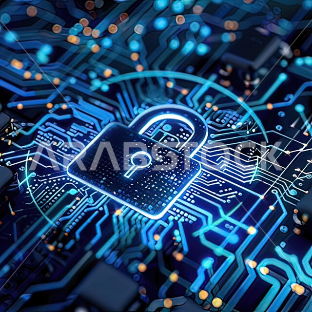 Concept of cybersecurity and information technology, 3D display of binary code and lock, technological development and industrial revolution, modern holographic technologies, blue background