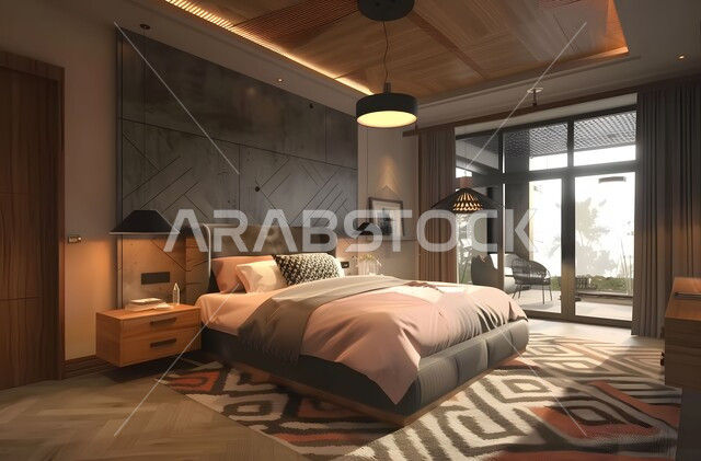 Elegant rooms with modern designs and decoration, bedroom with luxurious modern designs and a glass facade, distinctive interior home furnishings, residential apartments and villas, luxury hotels and resorts