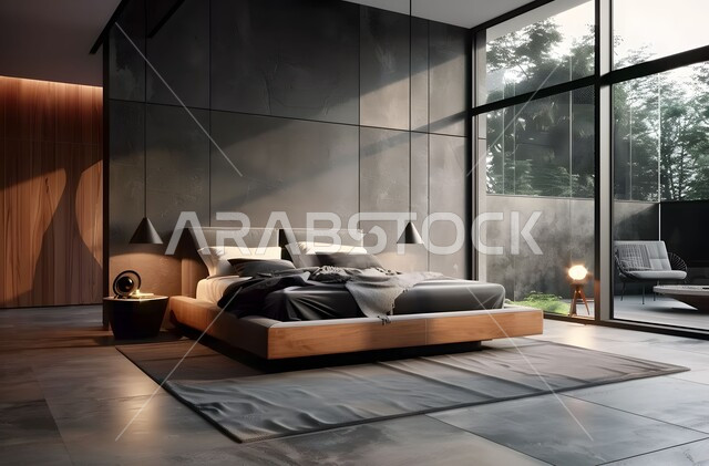 غرفة نوم بتصاميم عصرية فاخرة وواجهة زجاجية، غرف راقية بتصميمات وديكورات حديثة، أثاثات منزلية داخلية متميزة، شقق وفلل سكنية، فنادق ومنتجعات فاخرة