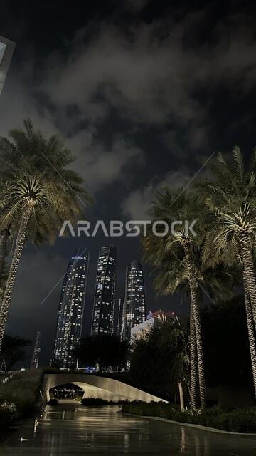 Interest in planting palm trees and green plants in public streets, geometric art for towers and skyscrapers in the Emirate of Abu Dhabi, illuminated facilities at night in the United Arab Emirates