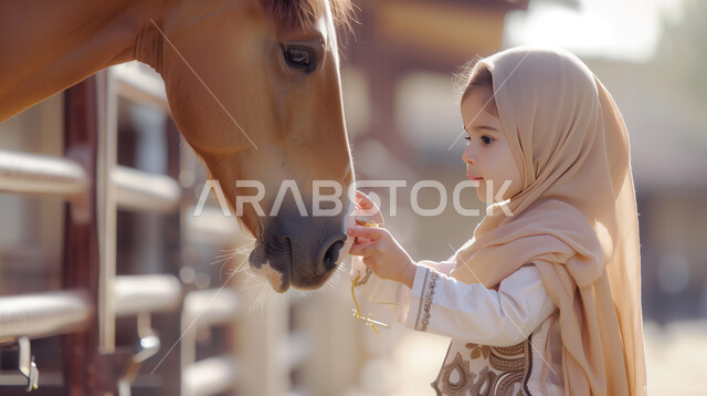 التكنولوجيا والتقنيات الحديثة، استخدام الذكاء الاصطناعي، تكنولوجيا المستقبل والتطور الرقمي، صورة مقربة لفتاة عربية سعودية خليجية محجبة تطعم الحصان في اسطبل الخيول مصممة باستخدام الذكاء الصناعي
