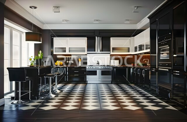 تصميمات وديكورات فاخره، تصميم داخلي أنيق لمطبخ باللون الأسود والأبيض، الفن المعماري الهندسي الحديث، شقق سكنية بتصاميم عصرية راقية وواجهة زجاجية، أثاثات منزلية متميزة