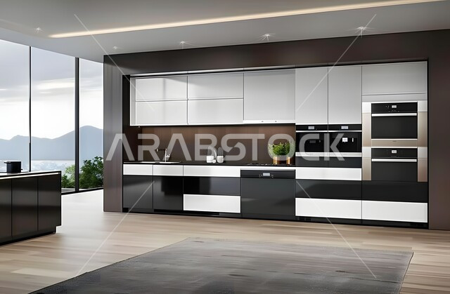 تصميمات وديكورات فاخره، تصميم داخلي أنيق لمطبخ باللون الأسود والأبيض، الفن المعماري الهندسي الحديث، شقق سكنية بتصاميم عصرية راقية وواجهة زجاجية، أثاثات منزلية متميزة