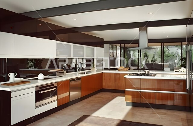 تصميم داخلي أنيق لمطبخ باللون البني والأبيض، تصميمات وديكورات فاخره، الفن المعماري الهندسي الحديث، شقق سكنية بتصاميم عصرية راقية، أثاثات منزلية متميزة