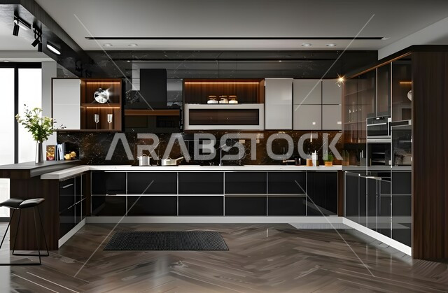 تصميم داخلي أنيق لمطبخ باللون الأسود والأبيض، تصميمات وديكورات فاخره، الفن المعماري الهندسي الحديث، شقق سكنية بتصاميم عصرية راقية، أثاثات منزلية متميزة