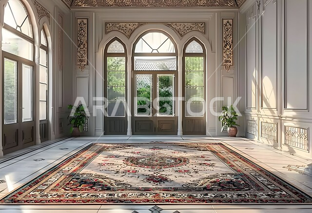 Luxurious modern designs, living room with modern designs in the Islamic style, elegant Arabic decorations, luxurious interior decorations with ornate windows, distinguished furniture and carpets, residential apartments and villas