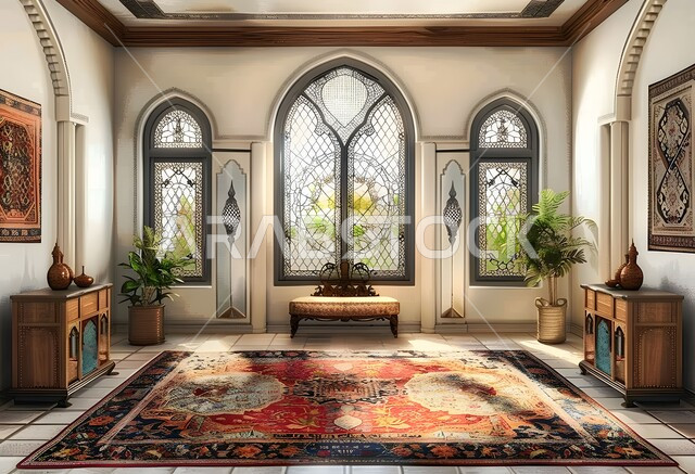 Wall paintings and art objects, luxurious modern designs, living room with modern designs in the Islamic style, elegant Arabic decorations, luxurious interior decorations with ornate windows, distinguished furniture and carpets, residential apartments and villas