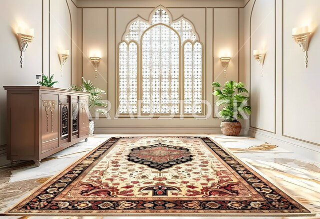 Luxurious modern designs, living room with modern designs in the Islamic style, elegant Arabic decorations, luxurious interior decorations with ornate windows, distinguished furniture and carpets, residential apartments and villas