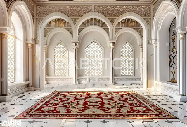 Elegant Arabic decorations, luxurious modern designs, living room with modern designs in Islamic style, luxurious interior decorations with ornate windows, distinguished furniture and carpets, residential apartments and villas