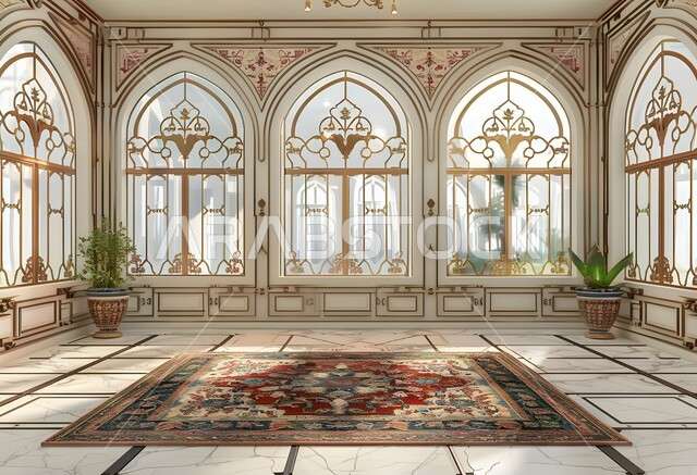 تصميمات عصرية فاخرة, غرفة معيشة بتصاميم حديثه على الطرازالاسلامي, زخارف عربية أنيقة, ديكورات داخليه فخمة بنوافذ مزخرفة، الأثاث والسجاد المتميز, شقق وفلل سكنية