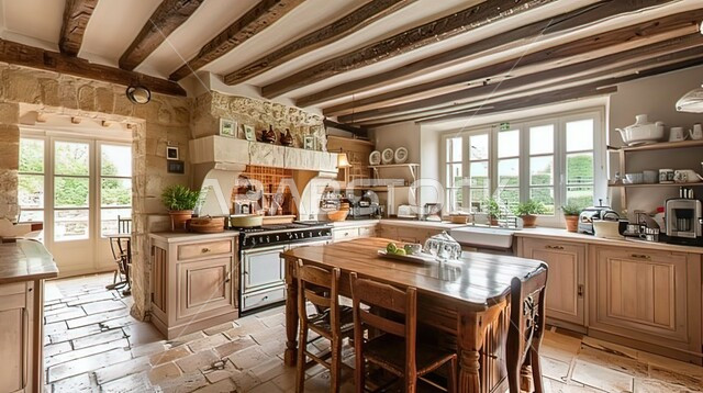 Elegant country style kitchen interior design with wooden beams and parquet, antique home furniture with an elegant rustic touch, simple designs and decorations, wooden dining table, outstanding antique kitchens