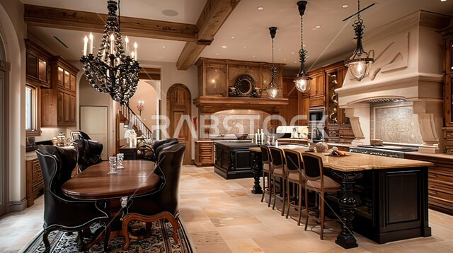 تصميم داخلي أنيق لمطبخ باللون البني، تصميمات وديكورات فاخره، الفن المعماري الهندسي على الطراز الحديث، شقق سكنية بتصاميم عصرية راقية، سفرة طعام خشبية، أثاثات منزلية فاخرة