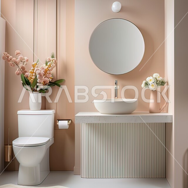 Bathroom interior decorations and designs, 3D rendering of a marble bathroom in a modern gray house, tourist residential apartments and villas, luxury hotels and resorts, modern architectural architectural design