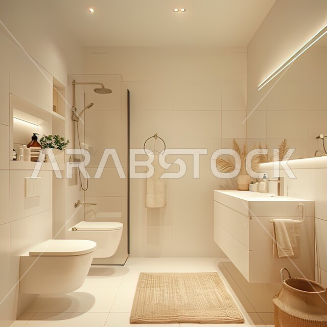 Bathroom interior designs and decorations, 3D rendering of a marble bathroom in a modern gray house, tourist residential apartments and villas, luxury hotels and resorts, modern geometric architectural design