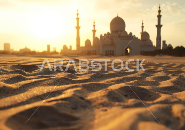 الفن الهندسي المعماري لمسجد وسط التلال والكثبان الرملية عند غروب الشمس، القبب و المآذن على الطراز الإسلامي العصري الحديث، العباده والتقرب إلى الله، دعوة المسلمين إلى الصلاه وأداء الفرائض الدينية, أماكن اسلامية مقدسة، خلفية المناطق الصحرواية