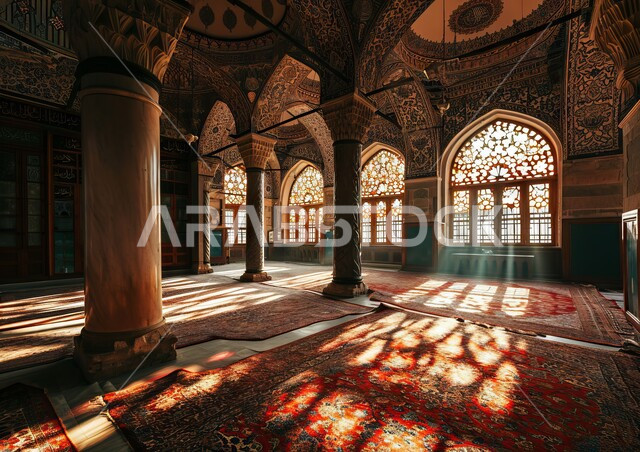 Luxurious arts and decorations for the walls and columns of the mosque, sacred religious places for drawing closer to God and performing prayer duties, Islamic matters and worship, advanced architectural engineering art for mosques, interior decorations and designs for the mosque campus in the modern Islamic style.