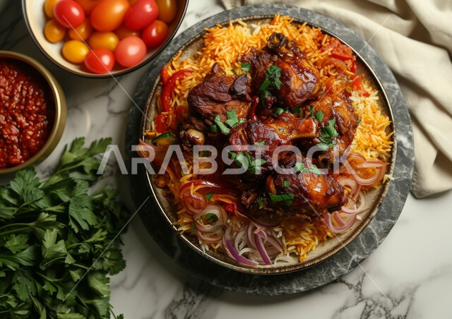 أطباق ووجبات عربية تقليدية شعبية، طبق من أرز الكبسة مع الدجاج المحمر والتوابل المزين بالبقدونس والخضار على طاولة رخامية، وصفات طعام المطبخ السعودي, مطاعم للمأكولات الشرقية الشهية