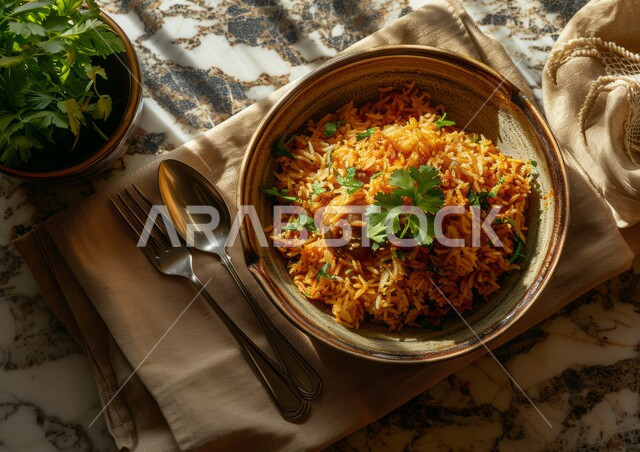 طبق من أرز الكبسة مع الدجاج المحمر والتوابل المزين بالبقدونس والخضار على طاولة رخامية، وصفات طعام المطبخ السعودي, مطاعم للمأكولات الشرقية الشهية، أطباق ووجبات عربية تقليدية شعبية
